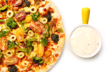 Vegetable pizza with sauce on white background