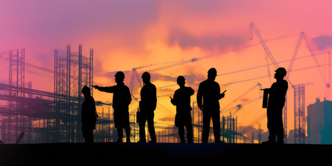 Fototapeta na wymiar silhouettes of workers on the construction site. illustration for cover site or book, ai generative