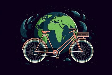 Fototapeta premium bicycle minimalist illustration of a bike with a planet earth at the background, green eco transportation