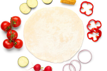 Raw dough and ingredients for preparing vegetable pie on white background