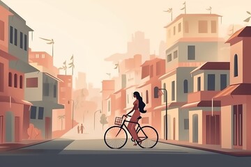 indian woman riding a bicycle, minimallist illustration of a girl driving a bike in the city