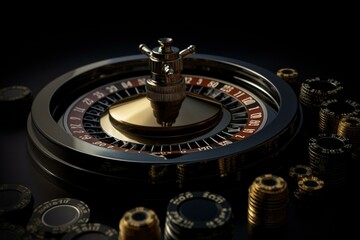 3D illustration of a modern black and gold roulette wheel, casino chips and coins on an empty space black background. Generative AI