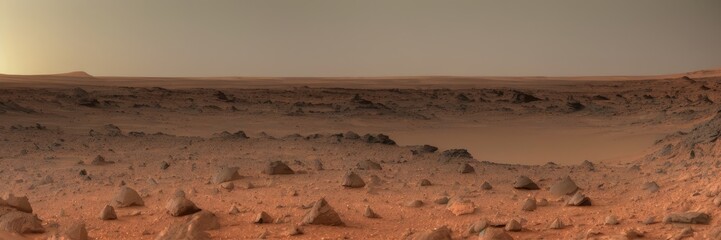 Fototapeta premium a group of rocks sitting on top of a desert, tonalism, on the orange surface of mars, the sky is a faint misty red hue, wide shot photo, generative ai