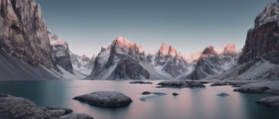 a large body of water surrounded by snow covered mountains, a matte painting, minimalism, luminist polar landscape, generative ai