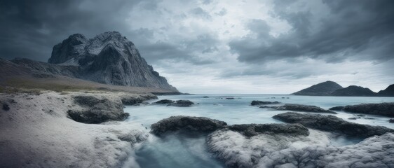 Fototapeta na wymiar a body of water surrounded by rocks under a cloudy sky, romanticism, ocean and rock landscape, serene overcast atmosphere, beautiful dark beach landscape, generative ai