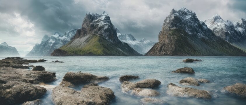 a large body of water with mountains in the background, a detailed matte painting, iceland landscape photography, slow exposure hdr, detail post processing, generative ai