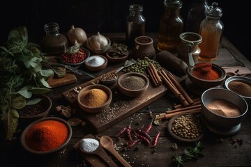 Fototapeta na wymiar An abundance of vibrant herbs and spices for all cookery needs. Generative AI
