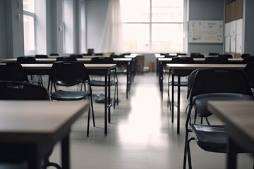 Empty classroom, Blurred school classroom without students with empty chairs and tables