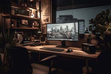 Warm office decor with desktop and storage, extensive view. Generative AI