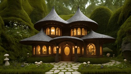 Illustration of a fairytale mushroom house in an enchanted mushroom wonderland - Generative AI