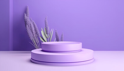Obraz na płótnie Canvas Luxury 3d podium with plants and lavender color. Modern mockup, copy space