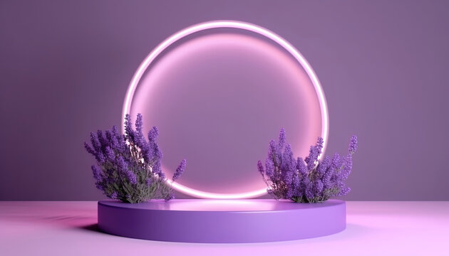 Modern mockup, copy space. 3d podium with plants and lavender color