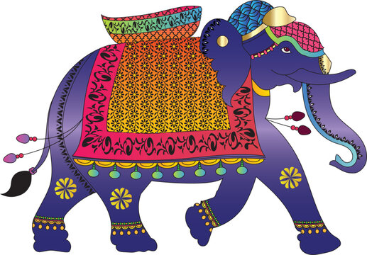Elephant rendered in Pichwai style. Indian folk art. for a coloring book, textile/ fabric prints, phone case, and greeting card. logo, calendar	
