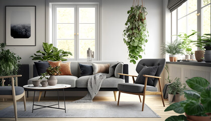 Modern interior design, in a spacious room, next to a table with flowers against a gray wall. Bright, spacious room with a comfortable sofa, plants and elegant accessories, generative ai