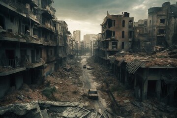 Fototapeta na wymiar Ruined city from war. Conflict theme. Generative AI