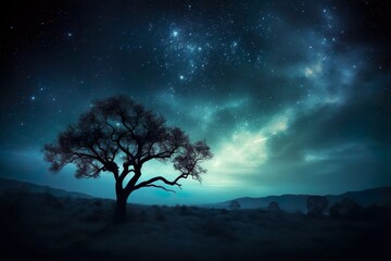 Fototapeta na wymiar Tree landscape with nebula space in the background made with AI technology 