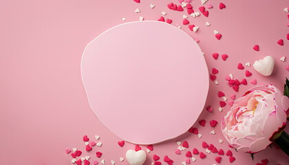  Top+view photo of white circle pink peony rose and heart shaped sprinkles on isolated pastel pink background, with an empty space on the left side for text or advertisement,  Generative AI