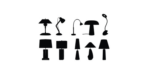 Ten  Table light silhouette, lamps Flat style vector illustration. Black light, lamp silhouette set, lamps set.