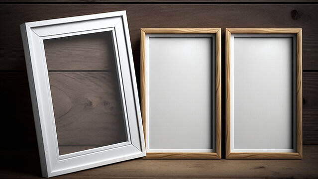 three empty photo frames on wooden room