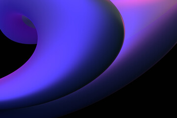 Abstract twisted glow purple shape on black background. Lighted futuristic element. 3d render. Dark geometric illustration for presentation, website banner, poster, cover design. Technology wallpaper