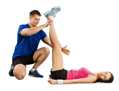 Happy caucasian couple man woman personal trainer exercising
