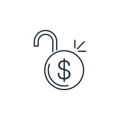 Open padlock with dollar. Opening financial access, credit.Vector linear icon isolated on white background.
