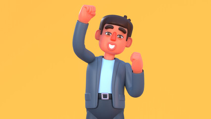 3d render of man in suit celebrating success or achievement