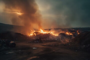 fire on landfill with burning waste piles. Generative AI - obrazy, fototapety, plakaty