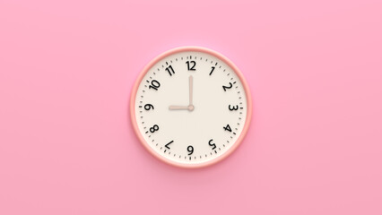 White wall clock on pastel color background.  White wall clock hanging on the wall. Time Concept, Copy space and central composition. 9 o'clock, 3d render