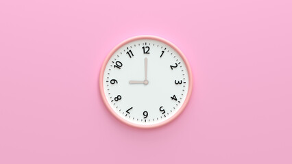 White wall clock on pastel color background.  White wall clock hanging on the wall. Time Concept, Copy space and central composition. 9 o'clock, 3d render