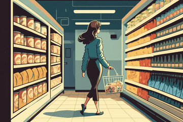 Woman holding shopping basket and walking in grocery store aisle. Lady buying groceries and food in supermarket or gourmet shop  Generative AI