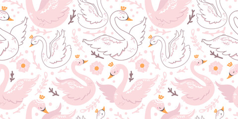 Swan and Flowers Themed Seamless Pattern © ariosbeth