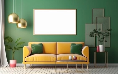 Art deco style green living room with a yellow couch and a white mockup frame on the wall created with Generative AI technology