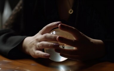 Woman holds a magic glass ball in her hands created with Generative AI technology