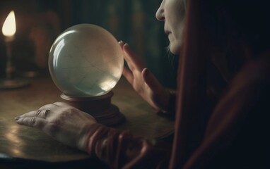 Naklejka premium Fortune teller woman holds a magic glass ball in her hands created with Generative AI technology