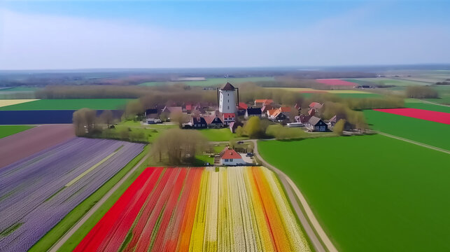Illustration of Old windmill, at the sprawling Tulip fields, Generative AI Image.	