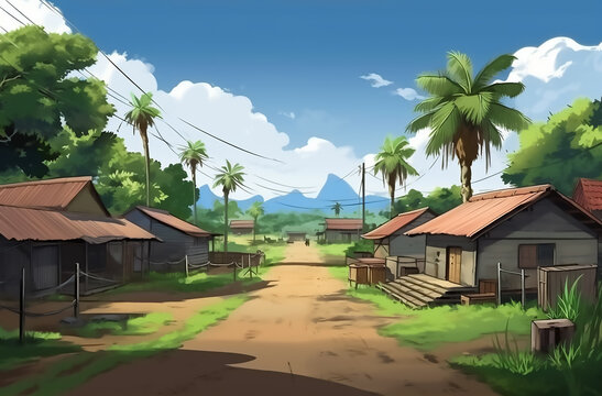 Illustration of a typical Indian village between palm trees, AI-generated image	