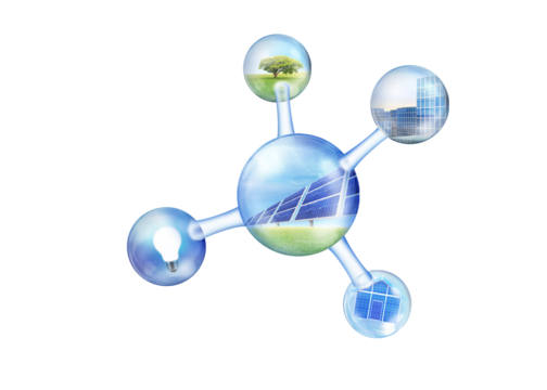Solar panels on blue sky, solar power plant, blue solar panels, renewable energy source, solar farm in molecular view  PNG transparent