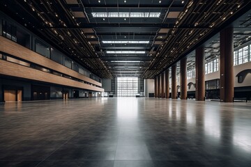 An empty convention hall with exhibition stands, conference room, big arena, and ballroom stage. 3D render. Generative AI - obrazy, fototapety, plakaty