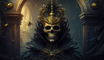 Skeleton with Golden Crown and Funeral Veil in Gothic Castle Walkway, made with Generative AI