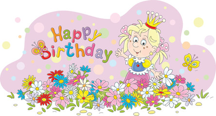 Birthday card with a happy little princess among colorful summer flowers in a royal blooming garden, vector cartoon illustration
