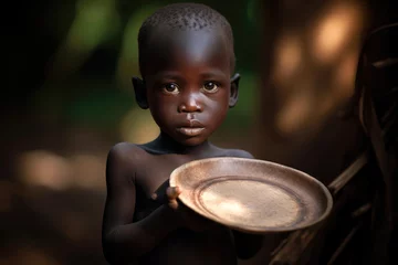 Deurstickers A child from a developing country, visibly malnourished body, holding an empty plate. Generative AI © piai