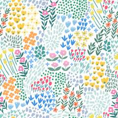 A pattern of abstract bright spring and summer flowers on a white background.