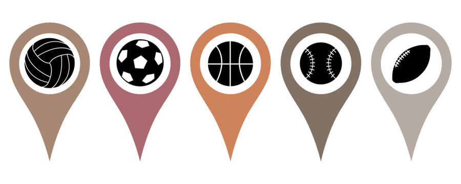  A set of cartographic signs with the image of sports balls. Attach icons on a flat map to mark the location of a sports club, stadium, or competition. Vector illustration