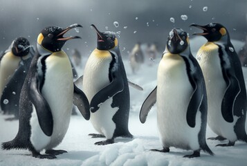 Fototapeta premium penguins playing in the snow. generative ai