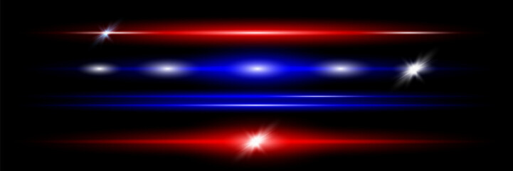 Red horizontal lens flares pack. Laser beams, horizontal light rays.Beautiful light flares. Glowing streaks on dark background. Luminous abstract sparkling lined background