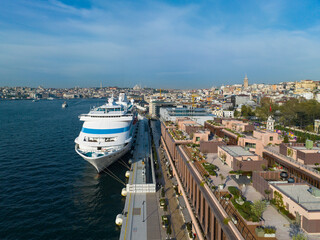 Cruise Ship in the Galataport Drone Photo, Galata Beyoglu Istanbul, Turkiye