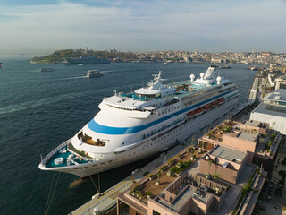 Cruise Ship in the Galataport Drone Photo, Galata Beyoglu Istanbul, Turkiye