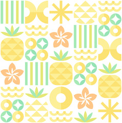 Seamless pattern with geometric pineapples, stripes, hibiscus flowers, and abstract shapes. For wallpaper, mural, wrapping paper, poster background, etc.