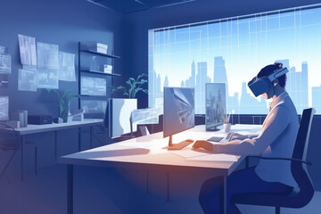 Office worker woman in vr helmet. Female using Virtual reality display in office tasks generative ai.